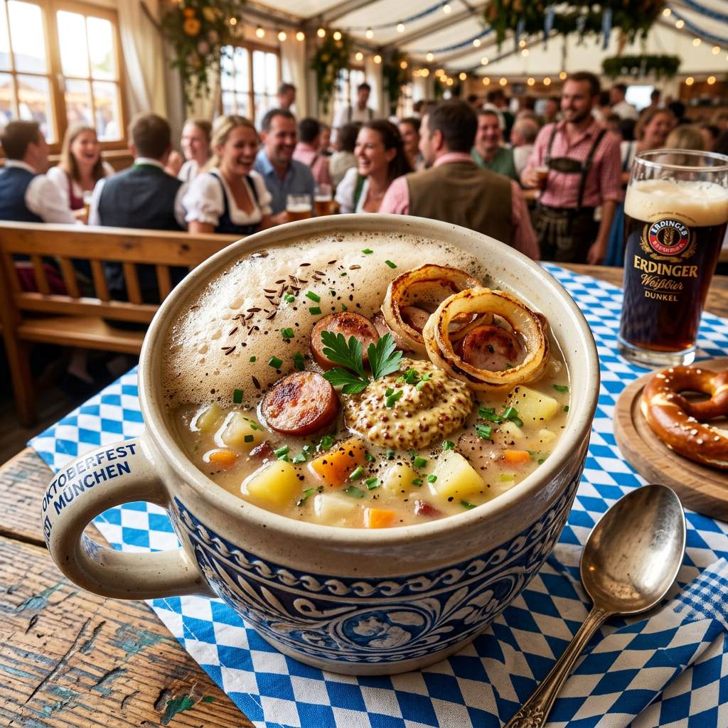 Bayerische Kartoffelsuppe mit Bier in einem Steinkrug, mit Brezel-Croûtons und Senf serviert
