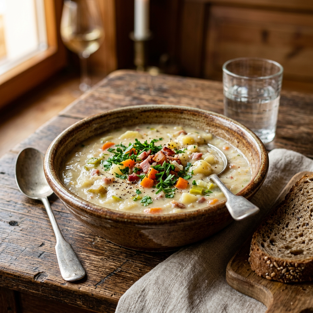 Klassische deutsche Kartoffelsuppe mit Mettwurst und Petersilie in einem tiefen Teller