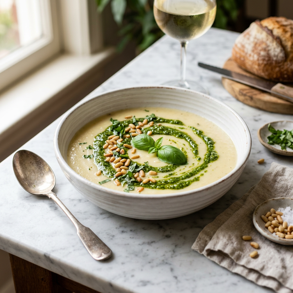 Cremige Kartoffelsuppe mit einem Wirbel leuchtend grünem Basilikum-Pesto und Pinienkernen in einem weißen Porzellan-Teller