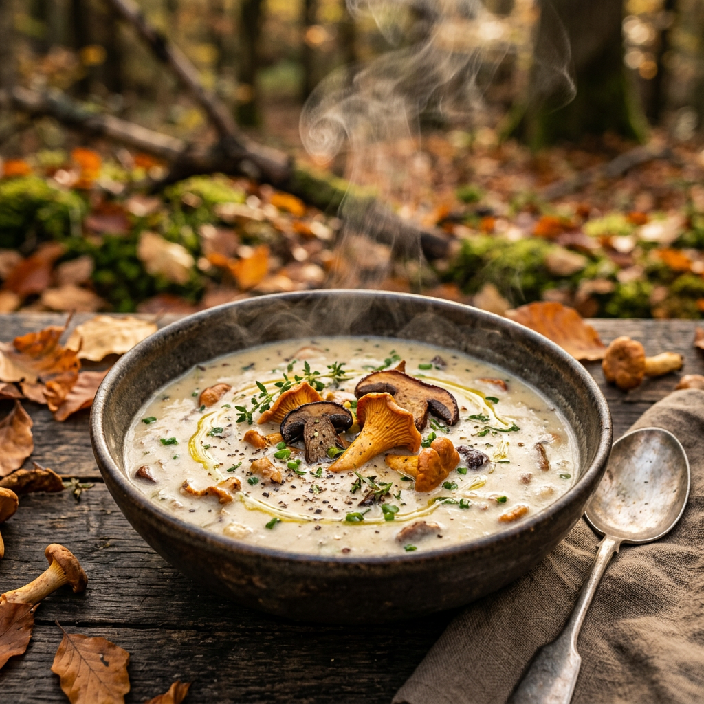 Cremige Kartoffelsuppe mit goldenen Pfifferlingen und Steinpilzen in einer dunklen Keramikschüssel