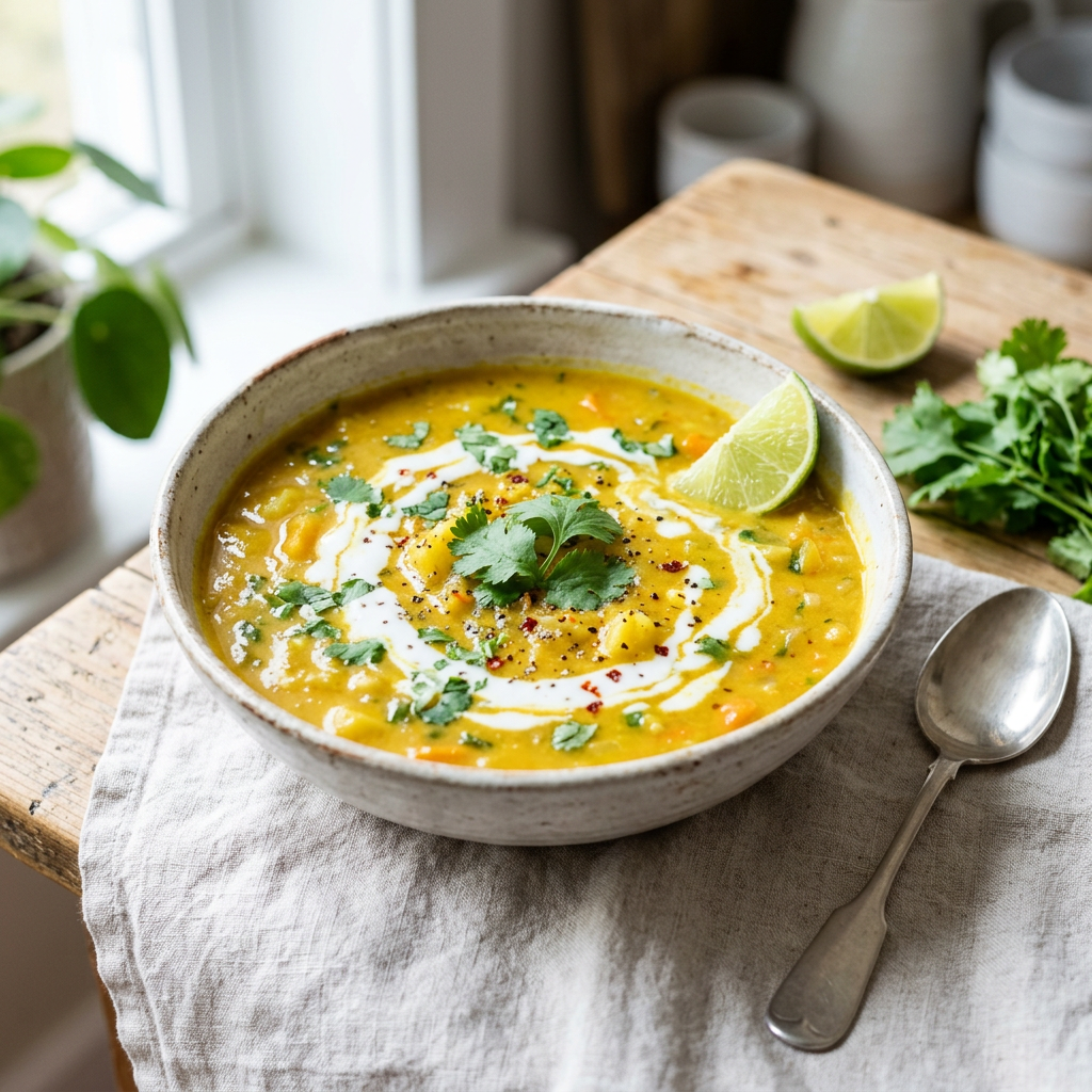 Vegane Kartoffelsuppe mit Kurkuma und Kokosmilch, goldgelb und mit frischem Koriander garniert