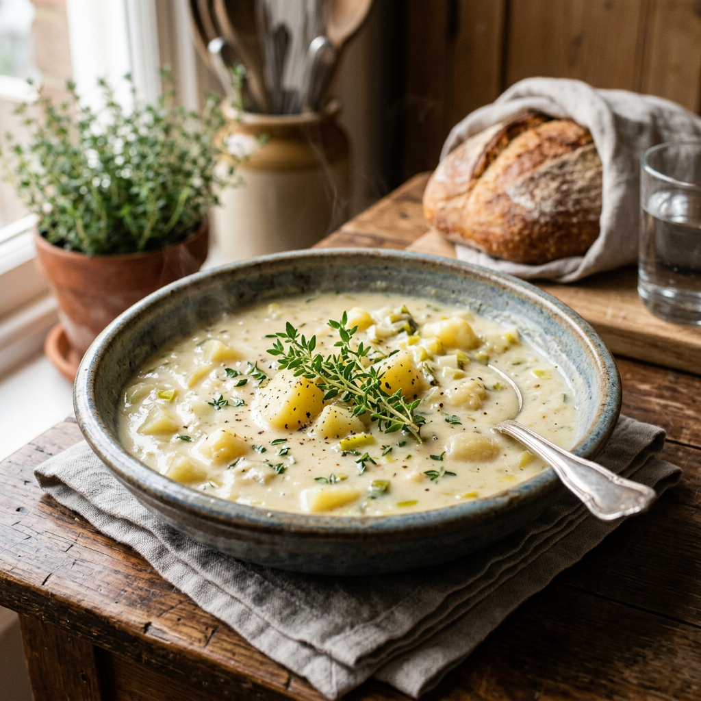 Lauch-Kartoffelsuppe in einem rustikalen Keramikschüssel mit Lauchwürfeln und frischem Thymian