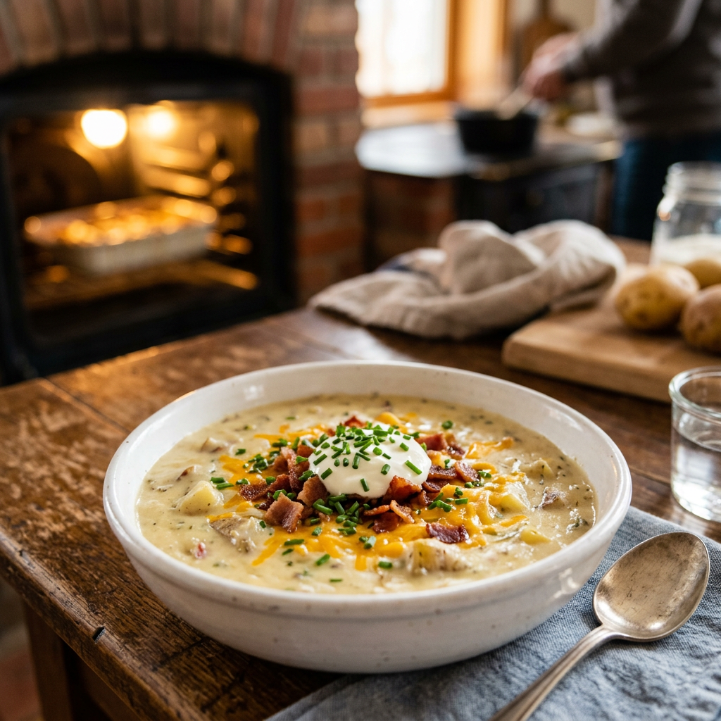 Cremige Ofenkartoffelsuppe mit gerösteten Kartoffeln, Sauerrahm und frischen Schnittlauch in einem weißen Teller